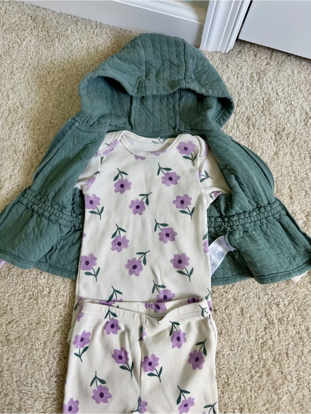 Carter's Green Quilted Hooded Vest with Purple Floral Top & Pants Set